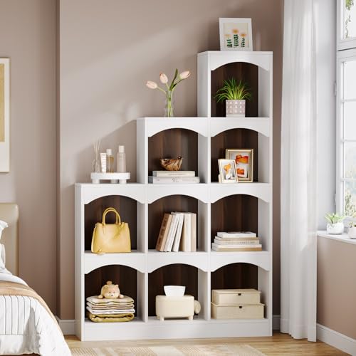 Image of Tribesigns 9 Cubes Bookshelf, Modern 9-Cube Stepped Etagere Bookcase, L-Shaped Ladder Corner Open Bookshelf, Wood Storage Display Shelf for Living Room Home Office, White
