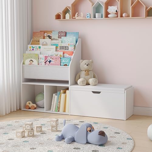 MAHANCRIS 47.2’’ Kids Bookshelf with Reading Nook, Toy Storage Organizer
