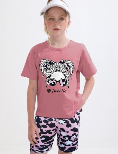 Image of mksodopy Girls Summer Clothse Graphic Print Front and Back High and Low Irregular T-shirt Cycling Shorts Set
