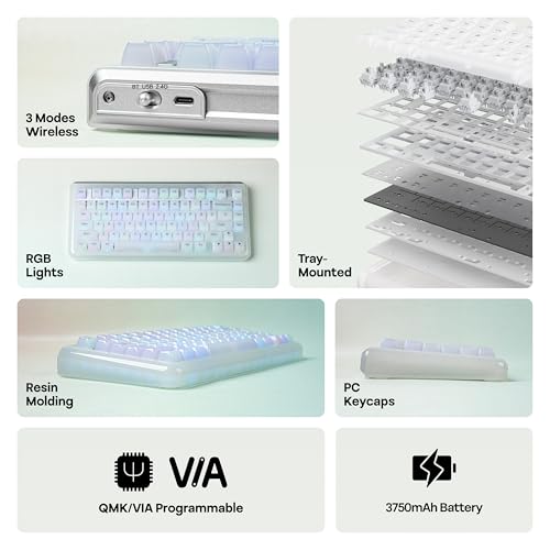 Image of KiiBoom Jade75 75% Resin Molding Mechanical Keyboard, BT5.0 /USB-C /2.4GHz Wireless Gaming Keyboard, QMK&VIA Programmable, RGB Backlits, Hot-Swappable, CNC+UV Case for Windows /Mac /Linux (Clear)