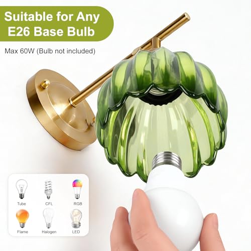 Image of Vintage Wall Sconces Set of 2 with Green Tulip Glass Lampshade, Hardwired and Wireless Wall Mounted Light Fixtures (2 Usage Methods), Gold Lamp with Switch for Bedside Bedroom Living Room Wall Decor