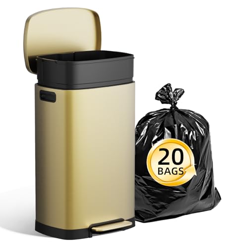 Image of KUK 13 Gallon Kitchen Trash Can with Lid, 50L /13Gal Office Step Garbage Can for Home, Kitchen, Laundry Room, Office, Gold