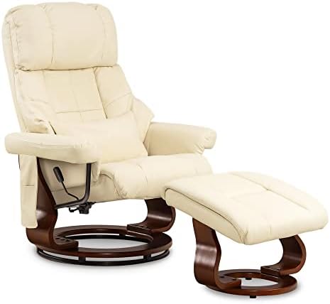 Bild 9 - M MCombo Massagesessel mit Hocker, 360° drehbarer Relaxsessel mit Liegefunktion, moderner TV-Sessel Fernsehsessel mit Seitentasche für Wohnzimmer, Kunstleder, 9068 (Gelbbeige)
