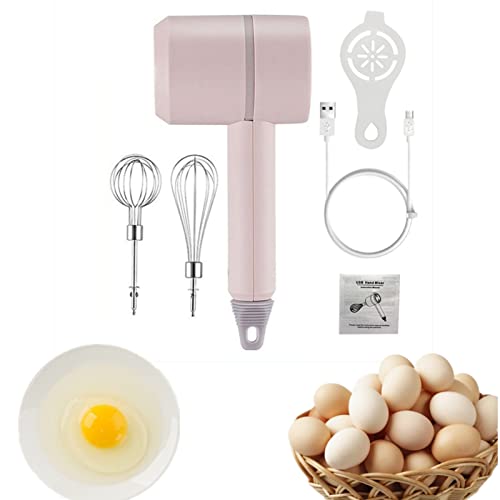 Cordless Hand Mixer,3 Speeds Adjustable Handheld Electric Whisk,USB Rechargeable Handheld Electric Mixer with 2 Detachable Stainless Steel Beaters,for Whipping, Mixing,Cookies,Cakes,Batters(Pink)