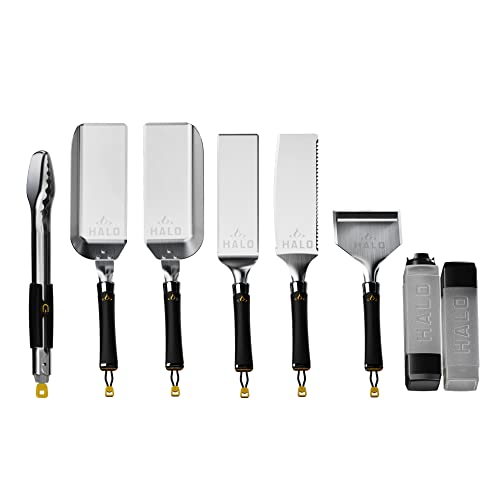 HALO Elite 8-Piece Ultimate Griddle Kit | 2 Scoop Spatulas, 2 Spatulas, Scraper Squeegee, Tongs, 2 Squeeze Bottles | Stainless Steel Accessories with Magnetic Handles | HZ-3025