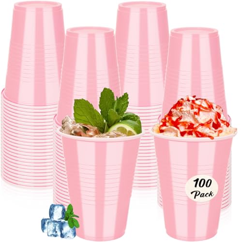 Gabaro 100PCS 16 oz Pink Plastic Cups Disposable Party Cups for Graduation Weddings Birthdays & Festive Celebrations Beverage Holiday Camping Barbecues Reusable Party Supplies