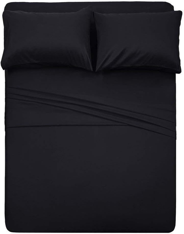 LaxLinen Extra Deep Pocket Fitted Sheet with 2 Pillow Cases-(Fitted Sheet, 2 Pillow Cases)-Fits 18" Inches -Deep Pockets That Actually Fits Mattress Twin Extra Long Bed Size, Black Solid 600 TC
