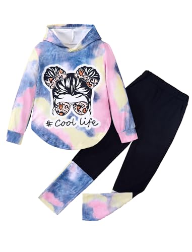 Image of Girls 2 Pcs Fall Winter Tie Dye & Leggings Outfits For Teens 5-14 | 2026 Girls Fashion Trendy, Long Sleeve Hoodie, Cool Life Print, Patchwork Pants, Back to School Holiday Tracksuit