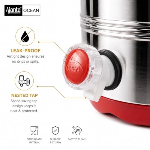 Image of Ajanta Ocean8 Stainless Steel Water Cooler, Water Dispenser Hot & Cold, Thermosteel, PU Insulated, Portable, Travel Friendly, Water Jug for Offices, Shops, Picnics (Red, 5 litres)