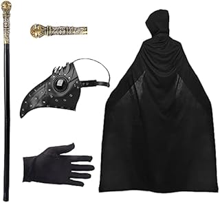 Plague Doctors Mask, Retro Rivet Bird Mask Beak Steampunk Mask Halloween Mask Masquerade Halloween Costume Props with Black Gloves, Cane, Hooded Cloak Cape