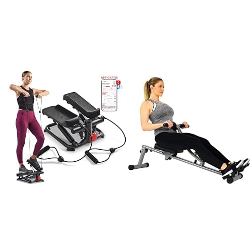 Sunny Health and Fitness Total Body Smart 2-in-1 Stepper Machine w/Resistance Bands + Sunny Health & Fitness 12 Adjustable Resistance Rowing Machine Rower w/Digital Monitor