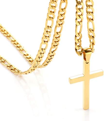 OUMI Cross Necklace for Men Women- Stainless Steel Pendant with 3:1 Figaro Chain -Silver 4/5/6 mm Width