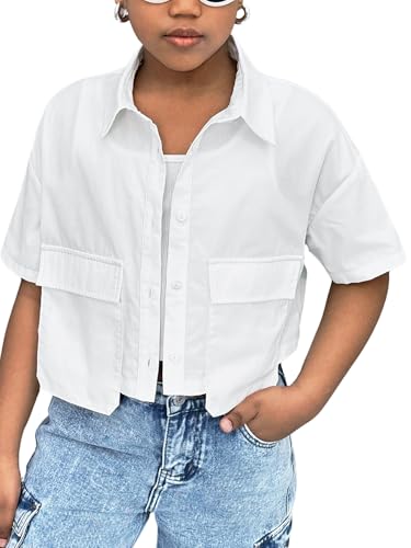 SHENHE Girl's Summer Button Down Short Sleeve Cropped Shirt Collared Blouse Top with Pockets