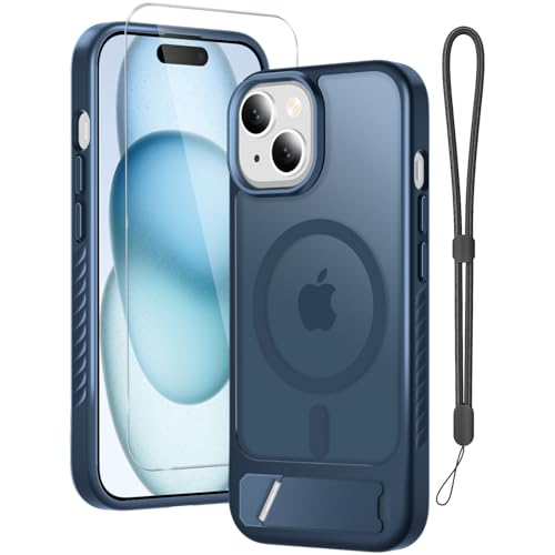 RMOCR for iPhone 15 Case & iPhone 14 Case with Screen Protector+Lanyard Wrist Strap,Magnetic Translucent Matte Rugged Slim Phone Cover Built in Invisible Kickstand [Fit for MagSafe],Navy Blue