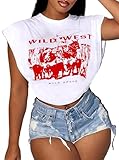 Picture of LovelyWholesale Women Cap Sleeve Tops Cropped Graphic Tees Sexy Summer Cowboys T Shirts White R WW X-Large