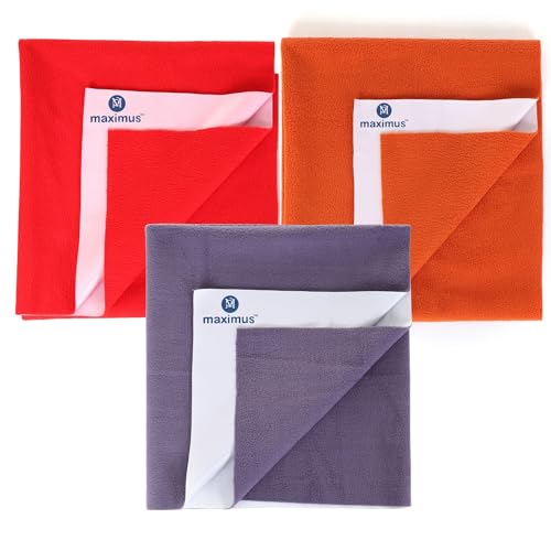 Image of Maximus Waterproof Quick Dry Sheet for Baby Pack of 3 | Bed Pad Extra Absorbent Washable Matress Protector | Bed Protector Sheet for Toddler Children (100x70 cm) (Grey, Orange & RED, Medium)