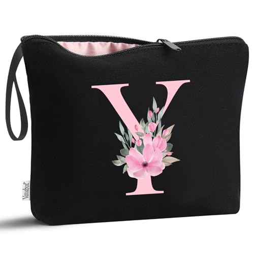 Image of Vavabox A-Z Personalized Makeup Bag, Birthday Gifts for Women Mom, Gifts for Best Friend, Bride Bridesmaid Cosmetic bag (Y, Black)