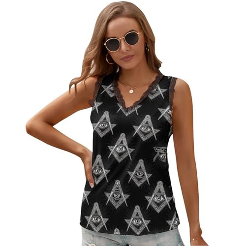 FOSKERV Sexy V-Neck Tank Top for Women, Cute Sleeveless Tops Lightweight Soft Shirts Casual Blouses for Sports, Travel, Beach, Yoga, Freemasonry Freemason Eye Black, (XL)