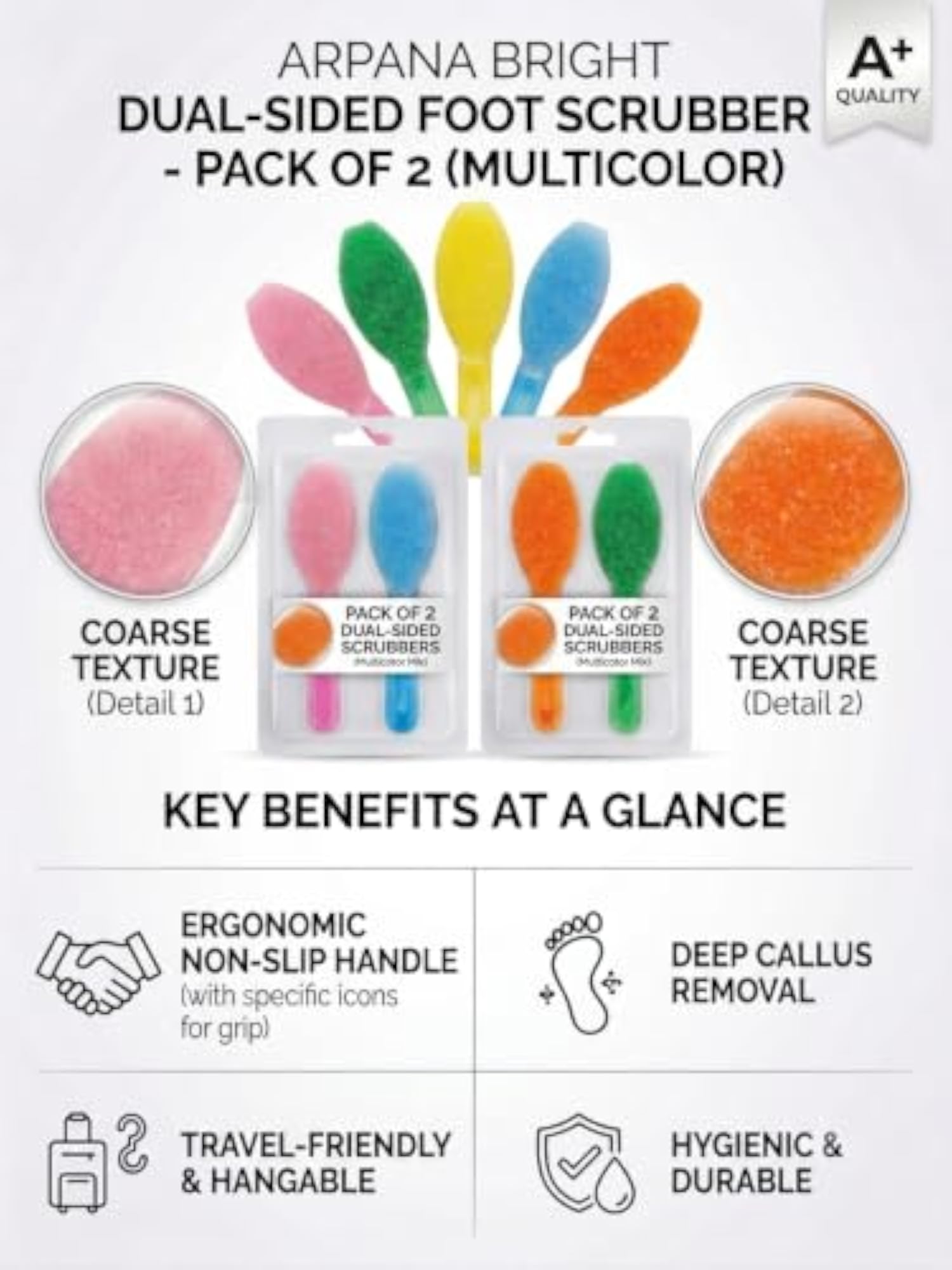 Dual-Sided Foot Scrubber, Pack of 2, Multicolour