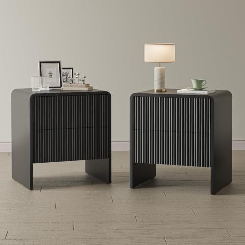 Image of Set of 2 Curved Nightstand with 2 Drawers, Wooden Bedside Table with Push to Open Storage, Modern End Table for Bedroom, Black