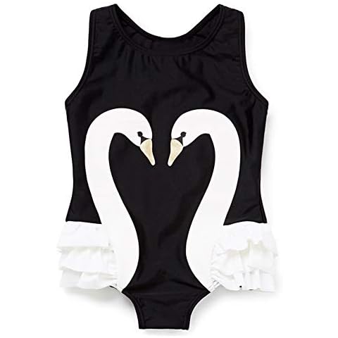 Bilo Store Kid Girl One Piece Swan Print Ruffle Swimsuit Beachwear Bathing Suit Black Cover