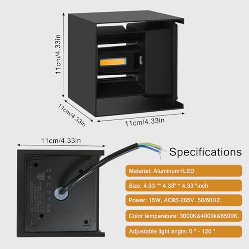 Nigaut 15W Modern Outdoor Wall Light with 3 Modes(3000K&4000K&6500K), IP65 Waterproof Aluminum Outdoor Wall Sconce for Porch with Adjustable Beam Angle LED Exterior/Interior Lighting Fixtures, 4-Pack