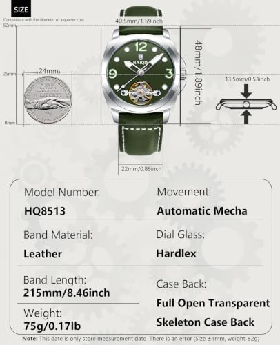 HAIQIN Men's Automatic Skeleton Watch,Cushion Case 40.5mm Leather Strap — view 5