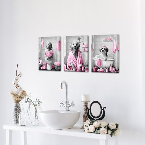 Image of sechars Funny Dogs Bathroom Wall Art Grey and Pink Bath Decor Cute Animal Painting Canvas Print (Pink)