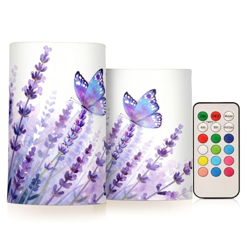 Image of BOENLE Flickering Flameless Candles, Lavender Butterfly Purple LED Candles with Remote Timer, Set of 2 Battery Operated Candle for Valentine Wedding Birthday