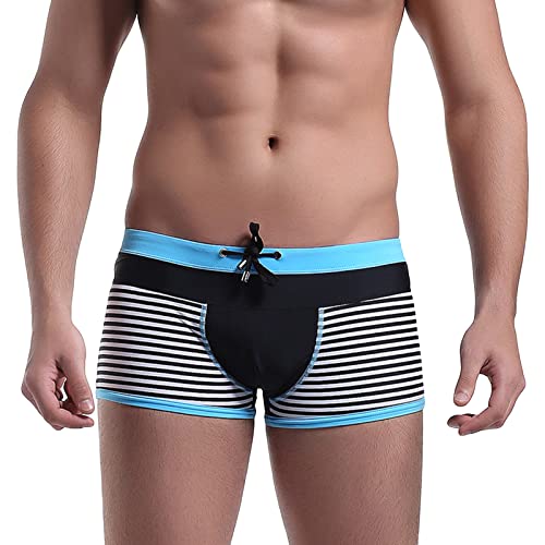 Hot Springs Beach Square Shorts for Men Striped Patchwork Design Swim Trunks Breathable Fabric Shorts Swimwear