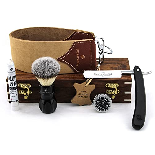 Classic Collection Vintage Barber Salon Outstanding Wooden Box Straight Cut Throat Plastic Razor, Synthetic Silver Tip Shaving Brush, Leather Strop, Honing Paste, Set 5 Pc Luxury Kit
