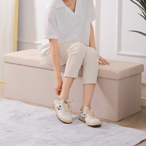 Image of Storage Ottoman Bench Foldable Footrest Foot Stool, 45 inch Fabric Brown | Small Ottoman Foot Rest Seat Shoe Bench Flip-Top forliving Room End of Bed Bedroom Couch Dorm 166L Folding Upholstered Chair