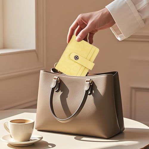 Image of RFID Wallet Women,Slim Small Wallets Embossed Flower Leather Bifold Compact Ladies Girls Wallet with Credit Card Holder Zipper Coin Pocket Yellow