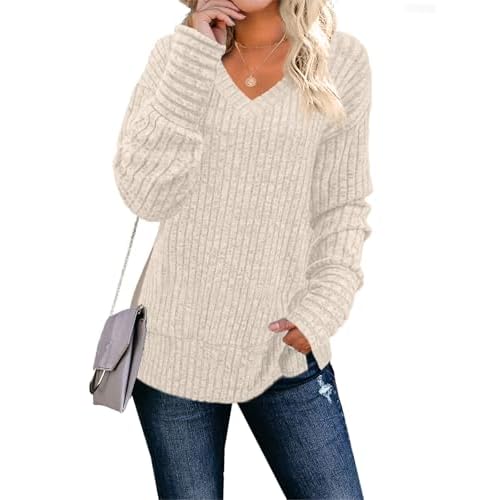 JomeDesign Womens Sweaters Long Sleeve V Neck Shirts Loose Casual Fashion Tops