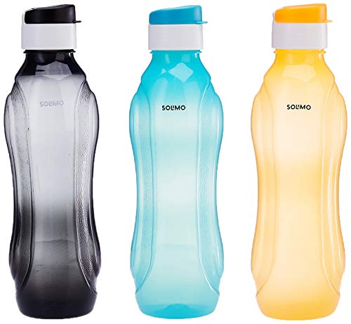 Amazon Brand - Solimo Plastic Water Bottle Set with Flip Cap (3 pieces, Multicolor, Wavy pattern)