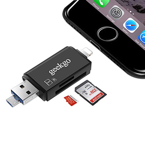 geekgo SD Card Reader,USB Memory Card Reader Adapter Viewer for iPhone iPad Android Mac - Supports Micro USB OTG 3 in 1 (Black)