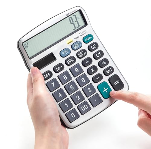 Image of 12-Digit Desktop Adding Machine with Large LCD Display, 120 Steps Check & Correct, Dual Power Solar & Battery, Big Button Office Use for Home, School & Business, White | 1 AAA Battery Included