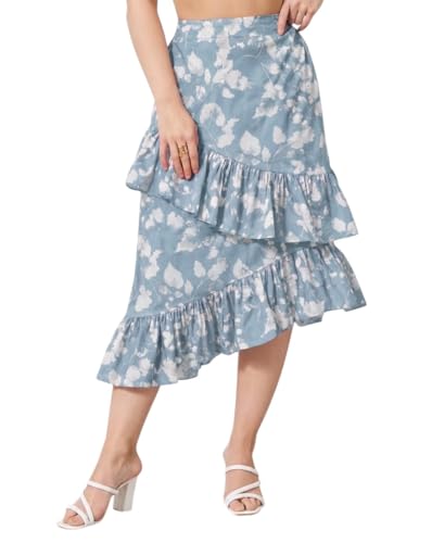 Image of OOMPH! Women Floral Printed Asymmetric Ruffled Midi Skirt | Elegant Flowy Fit | Mid-Rise | Lightweight & Breathable | Flared Hem | Summer Casual Skirt