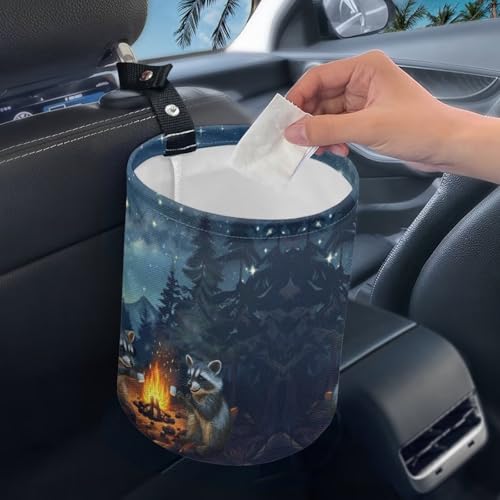 Image of Camping Raccoon Galaxy Hanging Portable Car Printed Car Accessories Interior Universal Collapsible Back Seat, Front Console, Floor, or Hanging Headrest Waste Basket