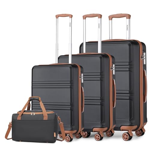 Kono Luggage Sets of 4 Piece Lightweight ABS+PC Hard Shell Cabin/Medium/Large Suitcase with TSA Combination Lock + Ryanair 40x20x25cm Cabin Bag (Black/Brown, 4 Piece Set)