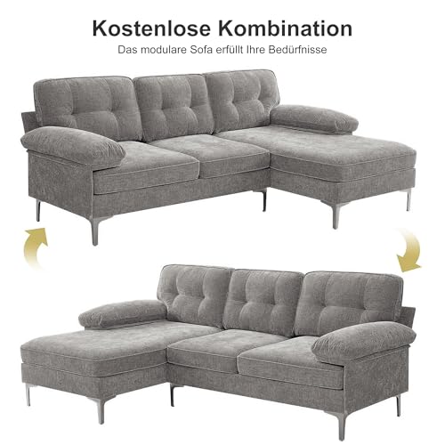 DUANDUAN Ecksofa 3-Sitzer Sofas 210cm breit Polsterecke mit Federkern Kissen und Rückenlehnen abnehmbar und waschbar - Chaiselongue beidseitig montierbar Couch L-Form fürs Wohnzimmer (Grau)