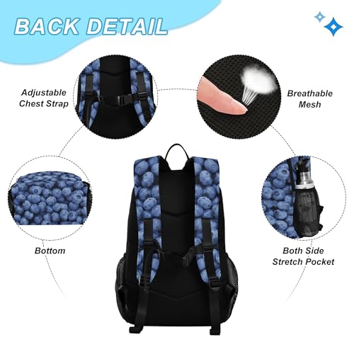 Blue Blueberry Backpack with Lunch Bag, School Travel Backpack for Teens Boys Girls Kids Backpacks Set3