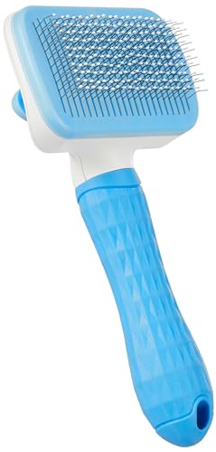 Image of Amazon Basics Self Cleaning Slicker Pet Grooming Brush|Pet Cleaning Tool Suitable for All Pets|Rectangular Shape with Amazon Basics Stainless Steel Printed Pet Bowl|Pack of 2|700 ML Each