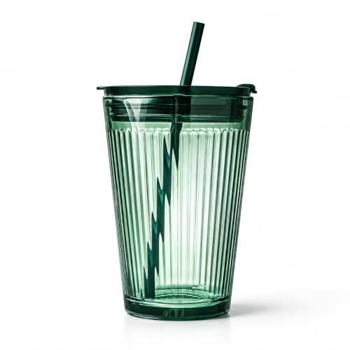 Image of Premium Ribbed Drinking Glass Tumbler with Lid & Straw - 450ml, Set of 1, Reusable Green Minimalist Mug for Iced Coffee, Juice, Smoothies & Cold Beverages, Leak-Resistant Travel Cup