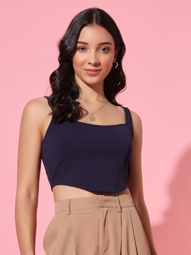 Image of Trend Arrest.ed Women's Stretchable Corset Style Crop Top | Square Neck Sleeveless Zipper Back Body-Hugging Fit | Casual
