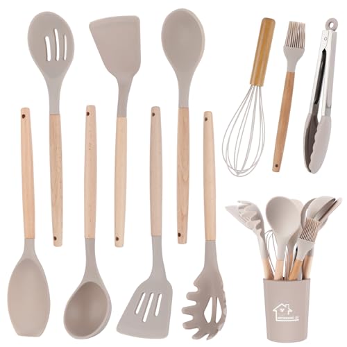 11PCS Ustensiles de Cuisine en Silicone, Ustensile Cuisine avec Porte-Ustensiles, Set Ustensile Cuisine Antiadhésifs avec Poignée en Bois, Cuisine Accessoires Passe au Lave-Vaisselle