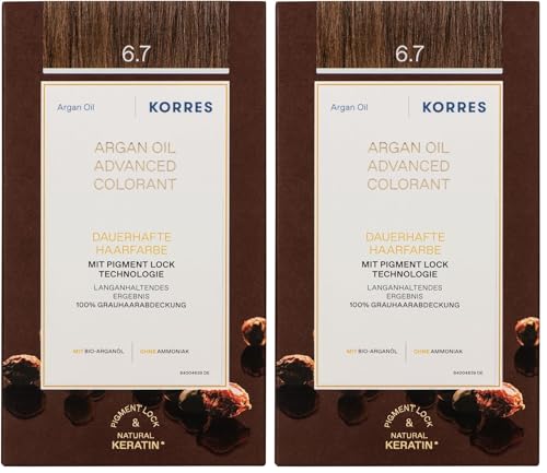 KORRES Argan Oil Colorant - tinte sin amoniaco con aceite de argán orgánico Cocoa 6.7-100% cobertura de canas & vegano para un resultado de color duradero (Paquete de 2)