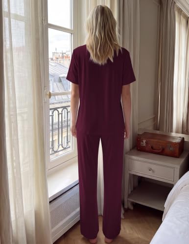 Image of HNG Women Pajamas Set 2 Piece Button Up Pajamas Pant and Short Sleeve Shirt for Woman Pj Sets with Pocket