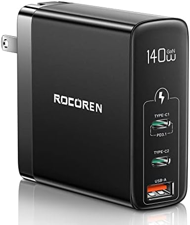 140W USB C Charger, Rocoren Foldable PD 3.1 3-Port GaN Laptop Wall Charger, QC5.0 USB C Power Adapter for MacBook Pro 16''/13'', MacBook Air, Dell, Chromebook, iPad Pro, iPhone, Steam Deck, ROG Ally