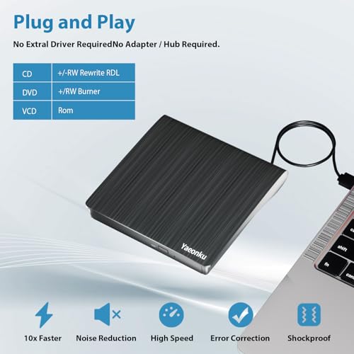 Image of Yaeonku External CD DVD Drive, USB 3.0 Portable CD DVD + /-RW Optical Drive, DVD /CD ROM Rewriter Burner, Compatible with Laptop Desktop PC Windows Linux OS Mac